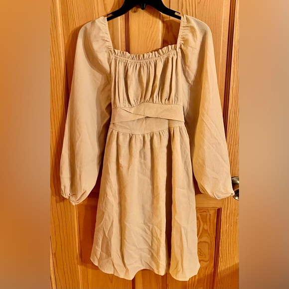 SHEIN Cream Boho Cottagecore Tie Back Dress Long Sleeve Romantic Flowy Skirt XS - Picture 1 of 10